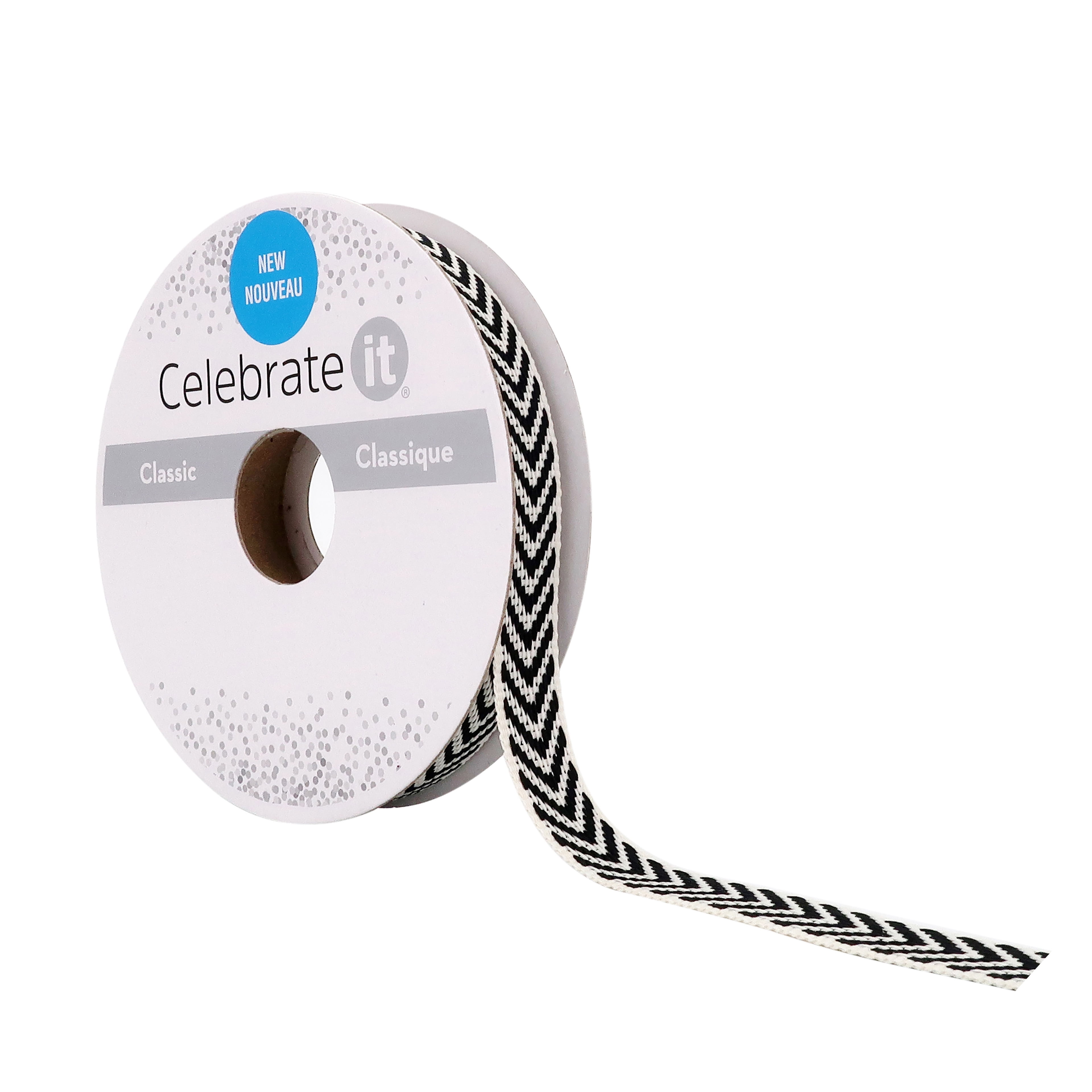 3/8" x 7yd. Black & Ivory Chevron Ribbon by Celebrate It – Non-Wired Woven Selvage Edge - Ideal for Gift Wrapping - Baskets & Decor - 12 Pack