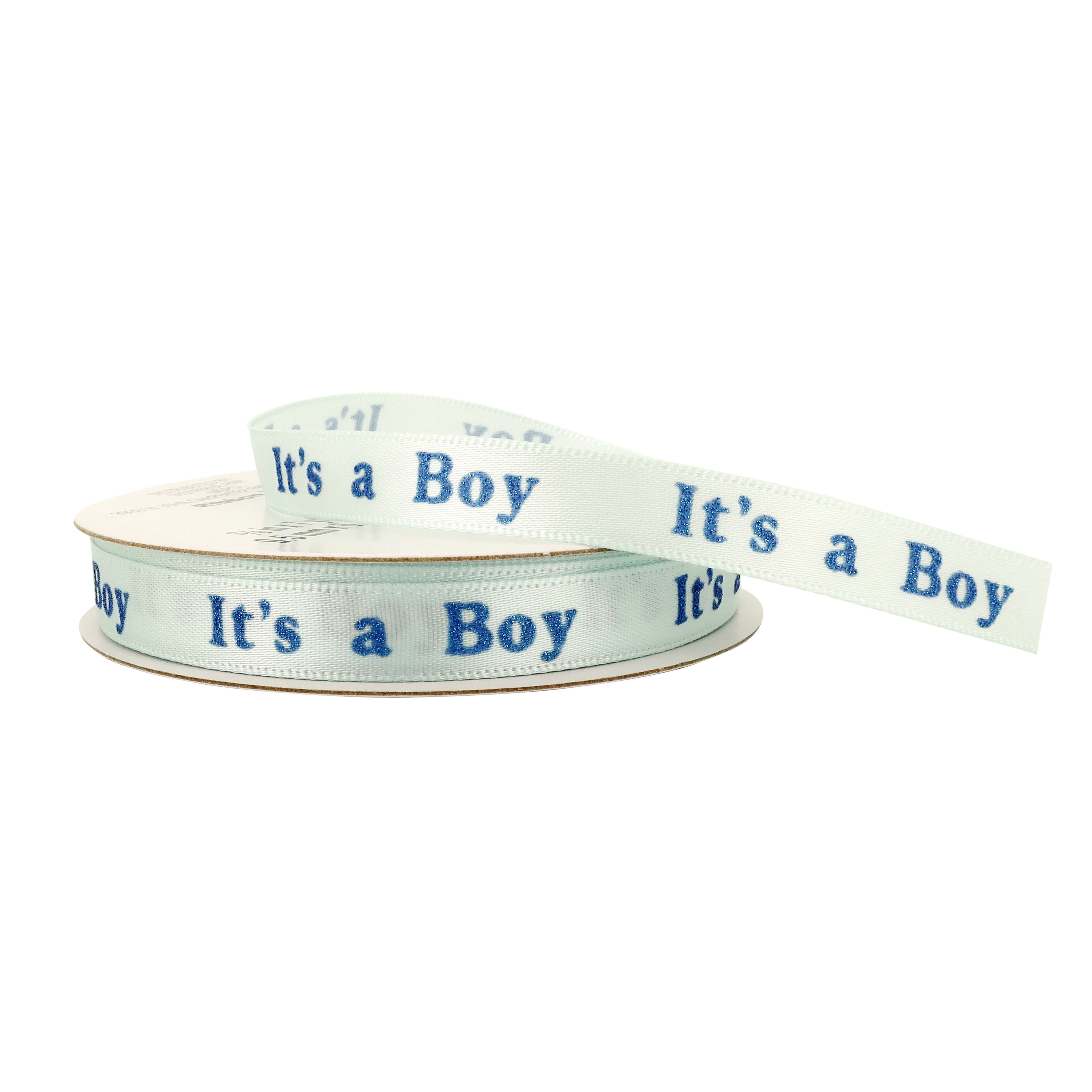 3/8" x 7yd. Blue Satin It's a Boy Ribbon by Celebrate It – Non-Wired with Woven Selvage - Polyester - Ideal for Baby Showers - Gift Wrapping & Decor - 12 Pack