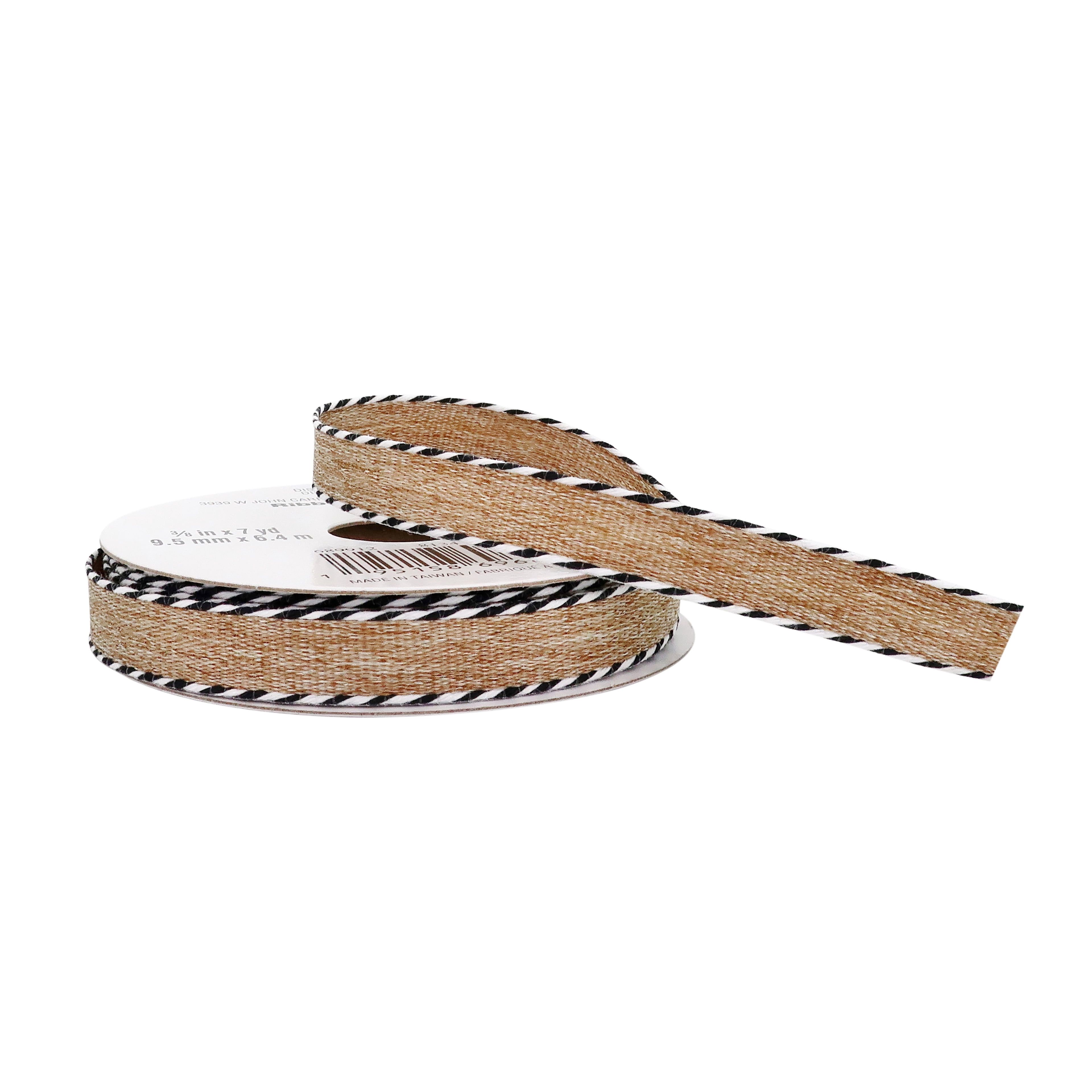 Celebrate It 3/8" x 7yd. Linen Twist Edge Ribbon - Natural with Black & White Edges, Non-Wired Woven Selvage, Ideal for Gift Wrapping & Decor, 12 Pack