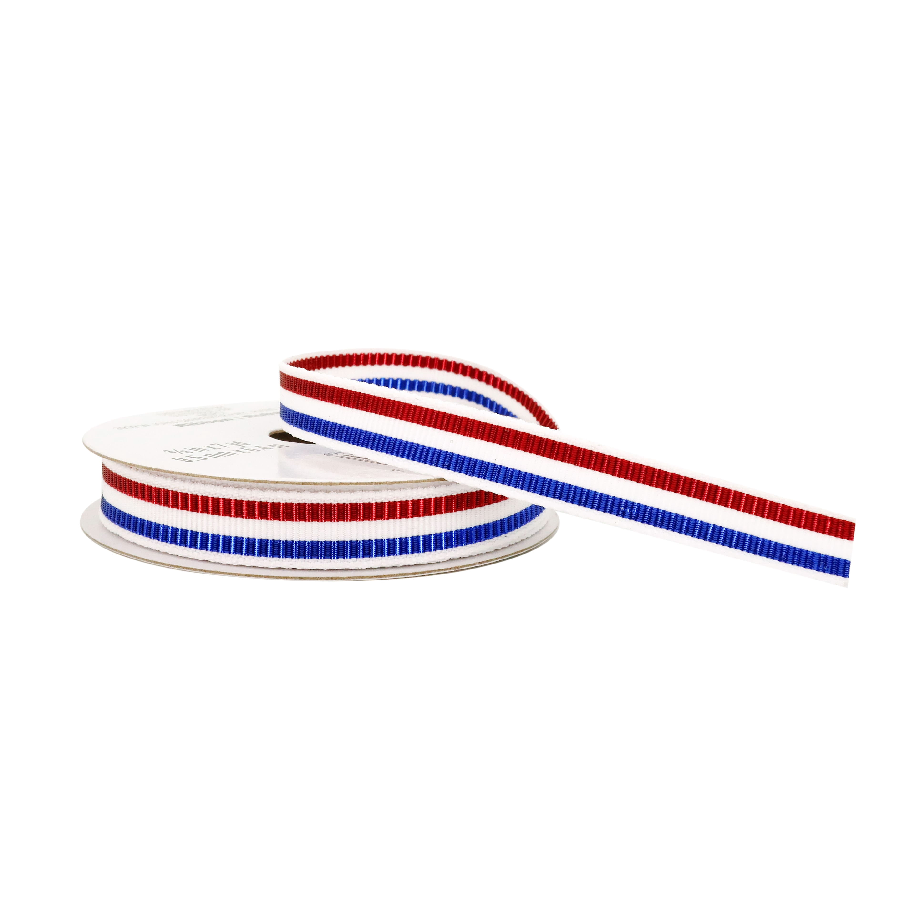 Celebrate It 3/8" x 7yd. Red, White & Blue Metallic Stripes Ribbon - Non-Wired Woven Edge, Ideal for Gift Wrapping, Crafts & Patriotic Decor, 12 Pack