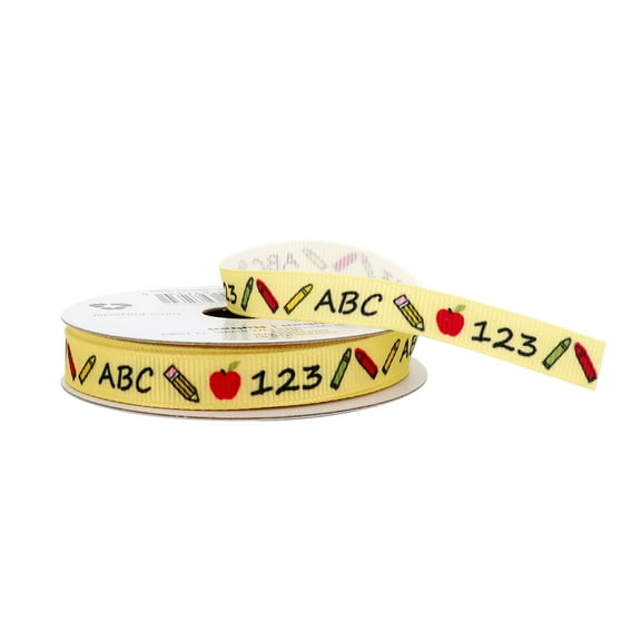 3/8" x 7yd Yellow ABC & 123 Grosgrain Ribbon by Celebrate It  Fun Alphabet & Number Print - Non-Wired Polyester with Woven Selvage - 12 Pack