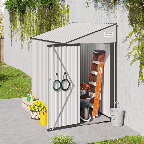 3.8' x 8' Lean-To Metal Storage Shed with Lockable Door for Outdoor Equipment and Garden Tools, White