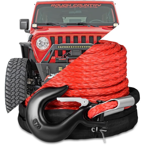 3/8" x 92ft Synthetic Winch Rope, 26500lbs Winch Rope Cable Kit, Winch Line Replacement with Protective Sleeve and Heavy Duty Forged Winch Hook for 4WD Off Road Vehicle Truck ATV UTV SUV (RED)