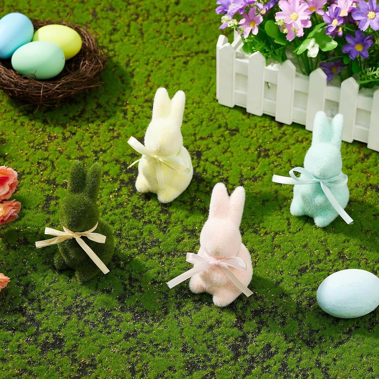 3.82in Easter Bunny Figurines Flocked Rabbit Decor Set Spring Table ...
