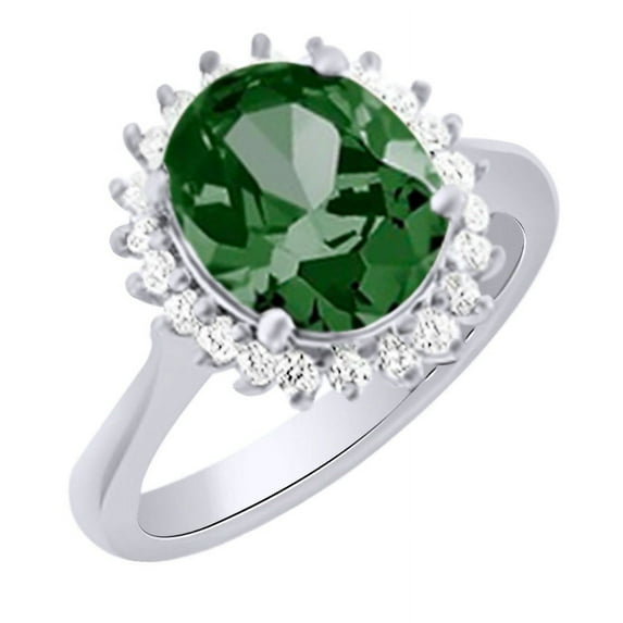 AFFY (3.83 cttw) Simulated Green Emerald & White Natural Diamond Halo Engagement Ring In 14k White Gold With Ring Size -6