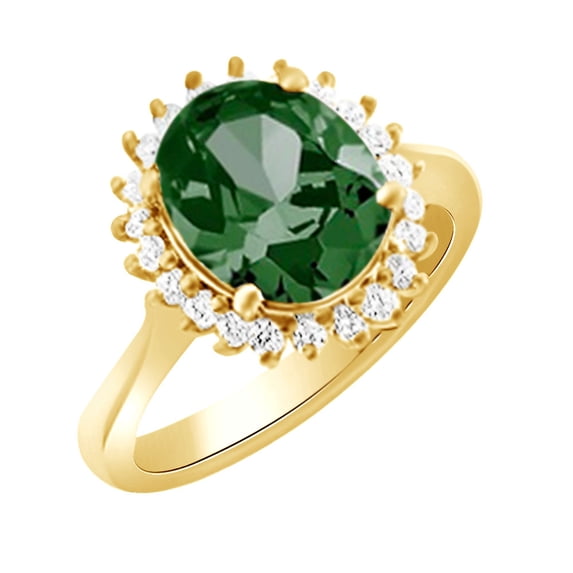 AFFY (3.83 cttw) Simulated Green Emerald & White Natural Diamond Halo Engagement Ring In 14k Yellow Gold With Ring Size -5.5