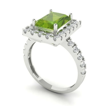 3.84 ct Brilliant Emerald Cut VVS1 Natural Peridot 14k White Solid Gold Halo Solitaire with Accents Wedding Bridal Anniversary Engagement Ring size 4