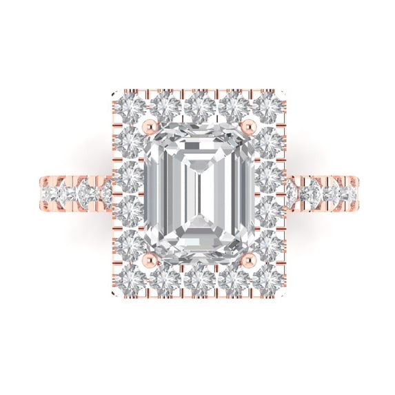 3.84 ct emerald cut clear Crystal 14k pink rose gold engraving statement Bridal Wedding halo Designer Ring size 4