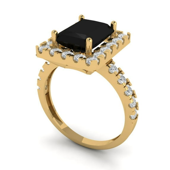 3.84ct emerald cut black natural onyx 14k yellow gold halo Bridal Wedding Engagement Promise Anniversary Ring for Women size 9.25