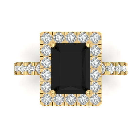 Clara Pucci 14K Yellow Gold Solid Gold Onyx Solitaire with Accents Anniversary Ring for Women - 3.84 cttw Emerald Cut
