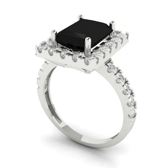 3.84ct emerald cut black natural onyx 18k white gold halo Bridal Wedding Engagement Promise Anniversary Ring for Women size 6