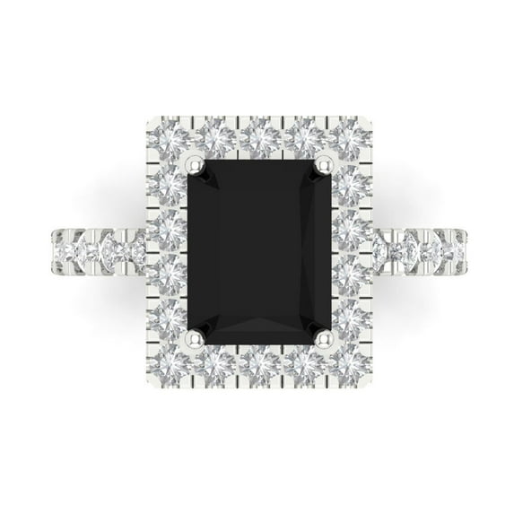 3.84ct emerald cut black natural onyx 18k white gold engraving statement bridal wedding halo Designer Ring size 3.5