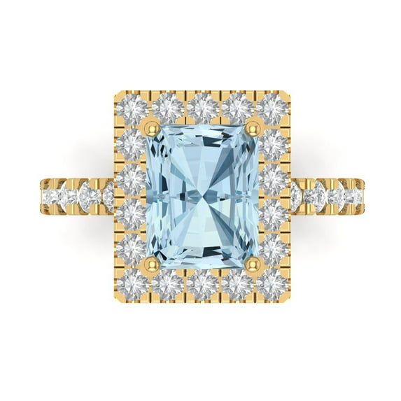 3.84ct emerald cut blue Crystal 14k yellow gold engraving statement bridal wedding halo Designer Ring size 6