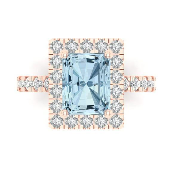 3.84ct emerald cut blue Crystal 18k pink rose gold engraving statement bridal wedding halo Designer Ring size 9