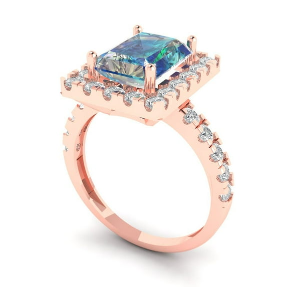 3.84ct emerald cut blue moissanite 18k rose gold halo Bridal Wedding Engagement Promise Anniversary Ring for Women size 6.5