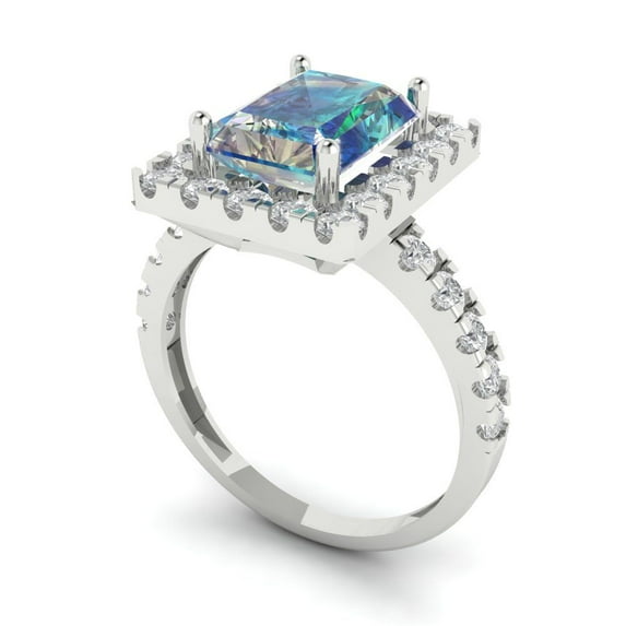 3.84ct emerald cut blue moissanite 18k white gold halo Bridal Wedding Engagement Promise Anniversary Ring for Women size 6.5