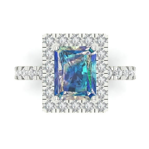 3.84ct emerald cut blue moissanite 18k white gold engraving statement Bridal Wedding halo Designer Ring size 9.5