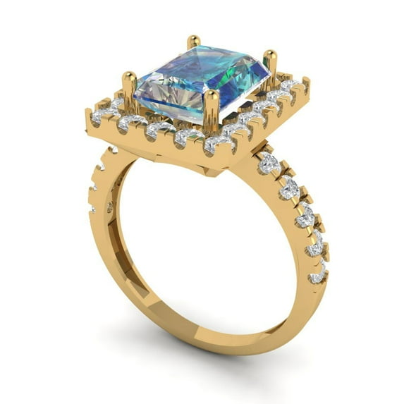 3.84ct emerald cut blue moissanite 18k yellow gold halo Bridal Wedding Engagement Promise Anniversary Ring for Women size 9.75