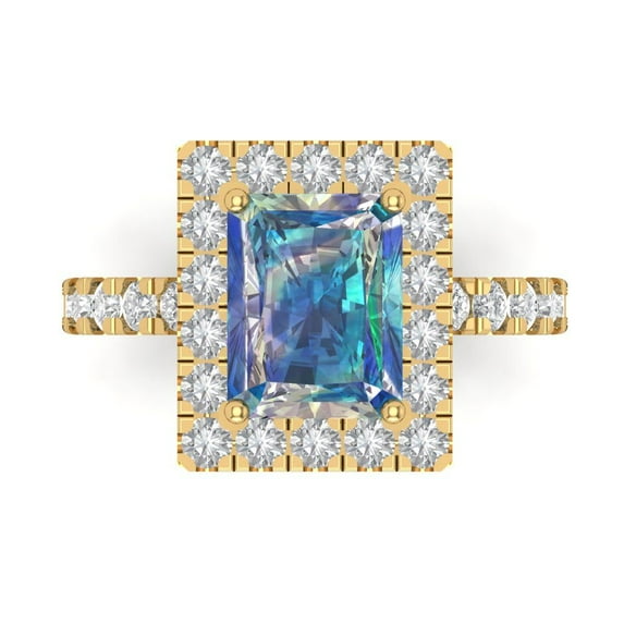 3.84ct emerald cut blue moissanite 18k yellow gold engraving statement Bridal Wedding halo Designer Ring size 8