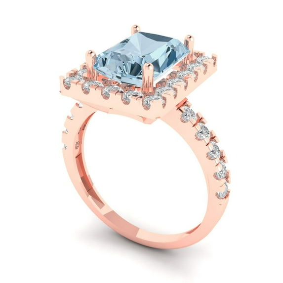 3.84ct emerald cut blue natural aquamarine 18k rose gold halo Bridal Wedding Engagement Promise Anniversary Ring for Women size 5.75