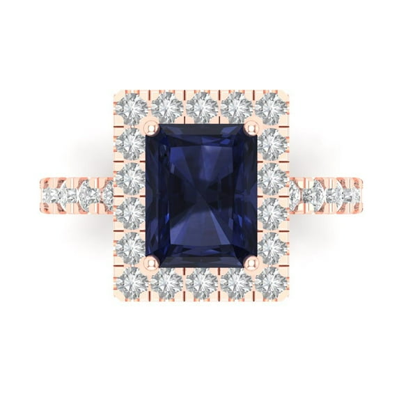 3.84ct emerald cut blue sapphire 14k pink rose gold engraving statement Bridal Wedding halo Designer Ring size 6
