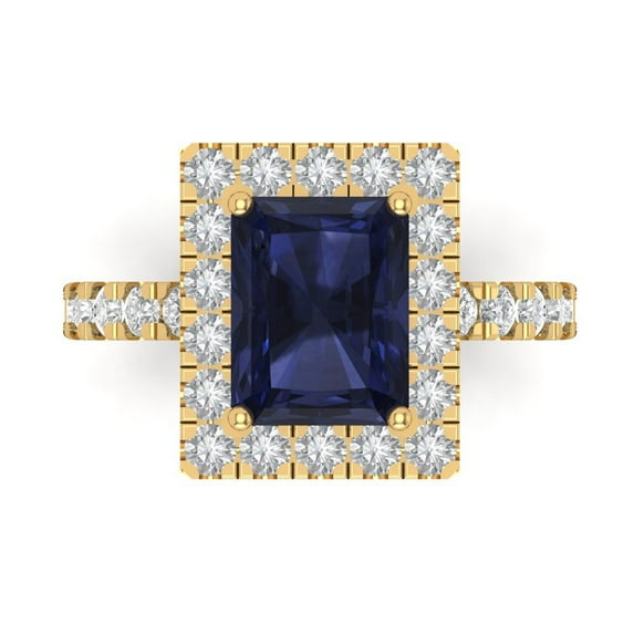 3.84ct emerald cut blue sapphire 14k yellow gold engraving statement Bridal Wedding halo Designer Ring size 7