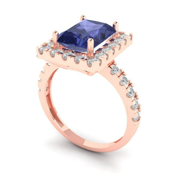 3.84ct emerald cut blue tanzanite 14k rose gold halo Bridal Wedding Engagement Promise Anniversary Ring for Women size 10.25