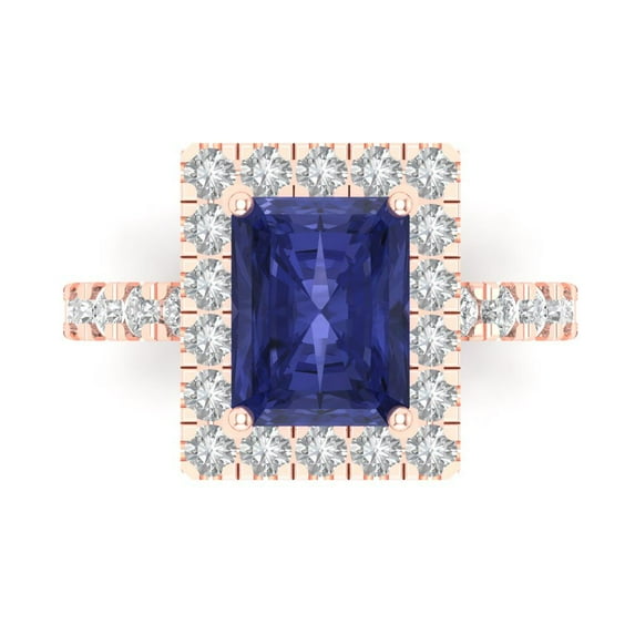 Clara Pucci 14K Rose Gold Solid Gold Tanzanite Solitaire with Accents Anniversary Ring for Women - 3.84 cttw Emerald Cut