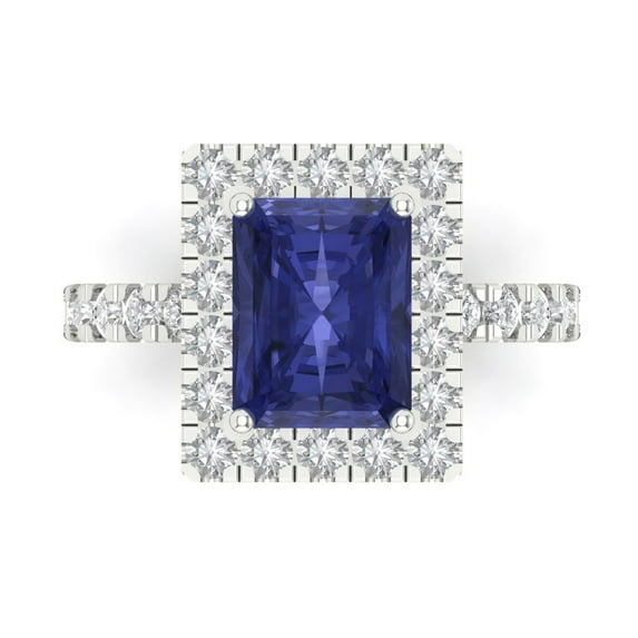 Clara Pucci 14K White Gold Solid Gold Tanzanite Halo Anniversary Ring for Women - 3.84 cttw Emerald Cut