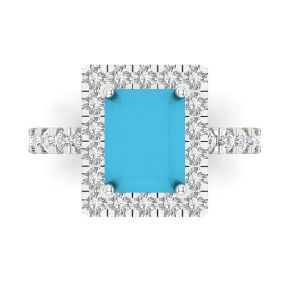 3.84ct emerald cut blue turquoise 18k white gold engraving statement bridal wedding halo Designer Ring size 7.5