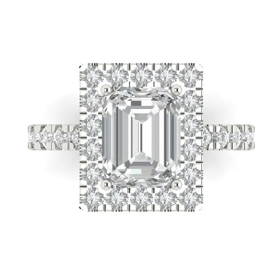 3.84ct emerald cut clear moissanite 18k white gold engraving statement Bridal Wedding halo Designer Ring size 10