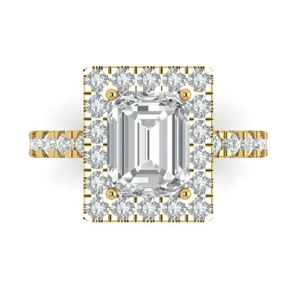 3.84ct emerald cut clear moissanite 18k yellow gold engraving statement Bridal Wedding halo Designer Ring size 4