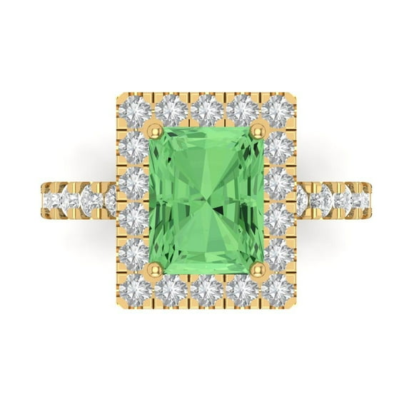 3.84ct emerald cut green Crystal 14k yellow gold engraving statement bridal wedding halo Designer Ring size 8