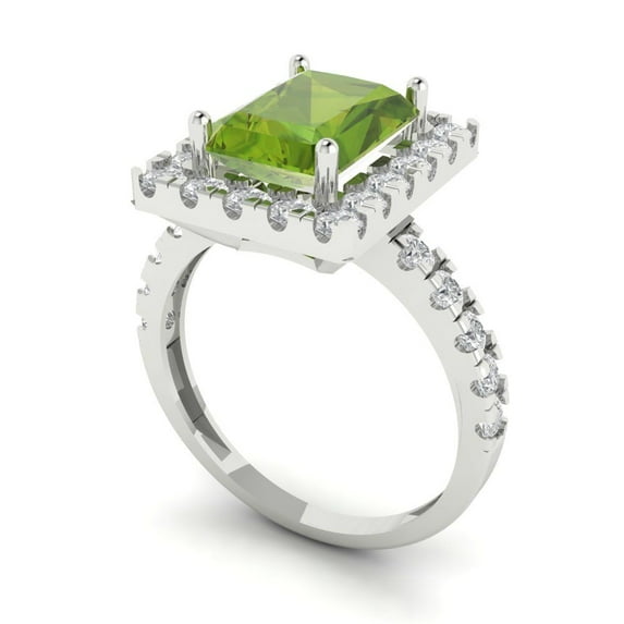 3.84ct emerald cut green natural peridot 14k white gold halo Bridal Wedding Engagement Promise Anniversary Ring for Women size 9.25