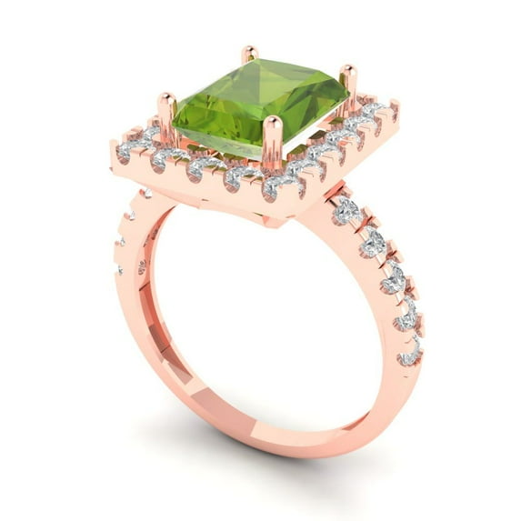 3.84ct emerald cut green natural peridot 18k rose gold halo Bridal Wedding Engagement Promise Anniversary Ring for Women size 5.25