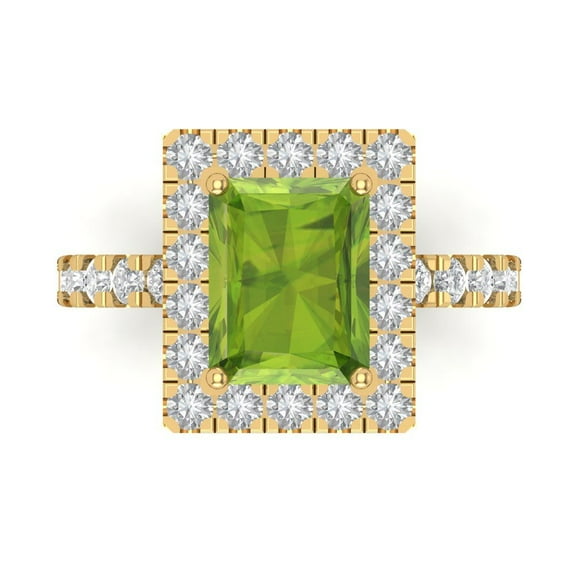 3.84ct emerald cut green natural peridot 18k yellow gold engraving statement bridal wedding halo Designer Ring size 6