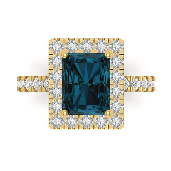 Clara Pucci 14K Yellow Gold Solid Gold LondonBlueTopaz Solitaire with Accents Anniversary Ring for Women - 3.84 cttw Emerald Cut