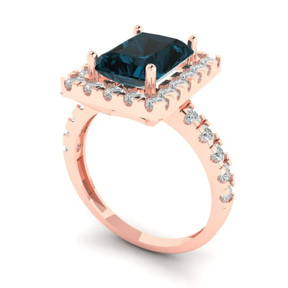 3.84ct emerald cut natural london blue topaz 18k rose gold halo Bridal Wedding Engagement Promise Anniversary Ring for Women size 8.75