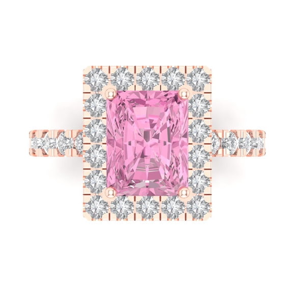3.84ct emerald cut pink Crystal 14k pink rose gold engraving statement bridal wedding halo Designer Ring size 9