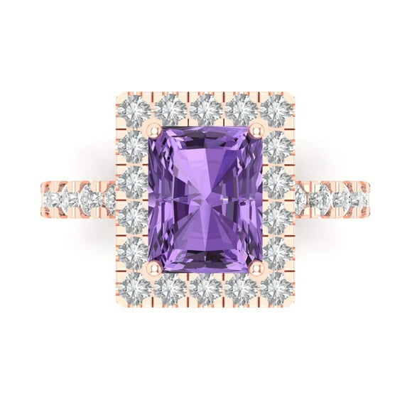 3.84ct emerald cut purple alexandrite 14k pink rose gold engraving statement Bridal Wedding halo Designer Ring size 6