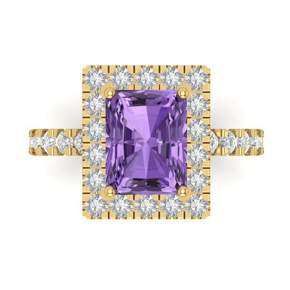 3.84ct emerald cut purple alexandrite 18k yellow gold engraving statement Bridal Wedding halo Designer Ring size 7