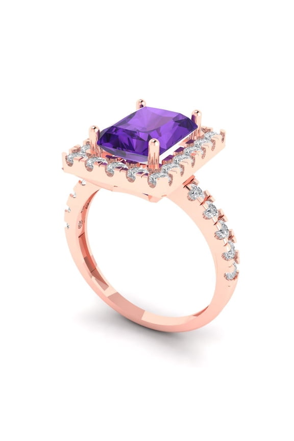 3.84ct emerald cut purple natural amethyst 14k rose gold halo Bridal Wedding Engagement Promise Anniversary Ring for Women size 10.5