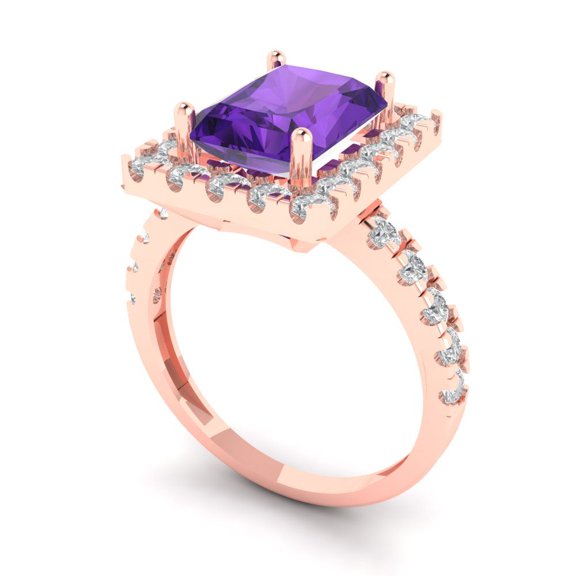 3.84ct emerald cut purple natural amethyst 14k rose gold halo Bridal Wedding Engagement Promise Anniversary Ring for Women size 7