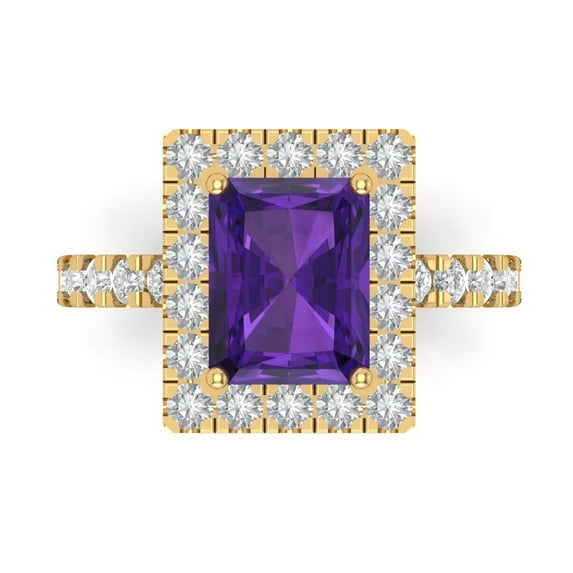 Clara Pucci 14K Yellow Gold Solid Gold Amethyst Solitaire with Accents Anniversary Ring for Women - 3.84 cttw Emerald Cut