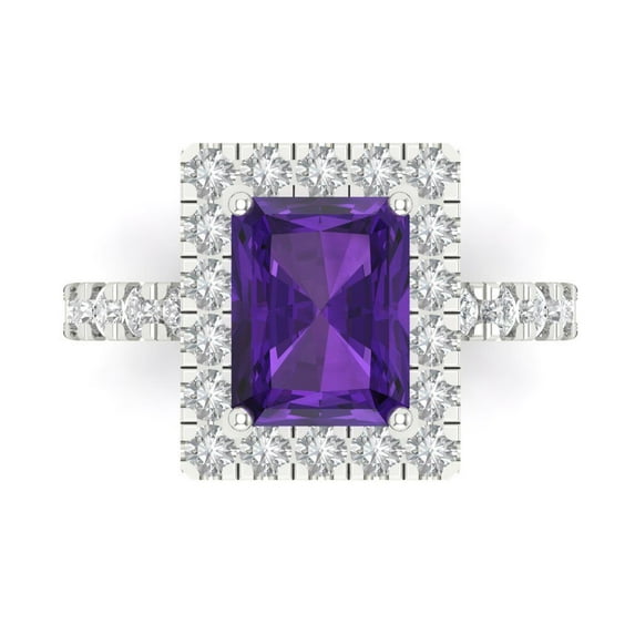 3.84ct emerald cut purple natural amethyst 18k white gold engraving statement bridal wedding halo Designer Ring size 11