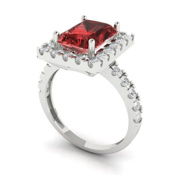 3.84ct emerald cut red natural garnet 14k white gold halo Bridal Wedding Engagement Promise Anniversary Ring for Women size 6.25