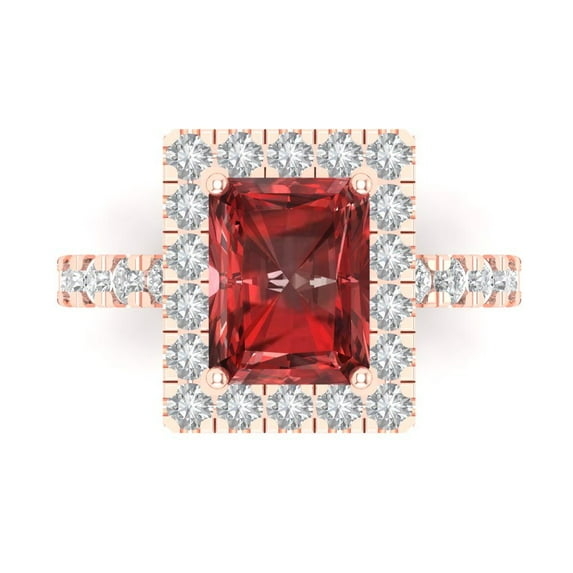 3.84ct emerald cut red natural garnet 18k pink rose gold engraving statement bridal wedding halo Designer Ring size 4.5