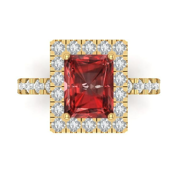 3.84ct emerald cut red natural garnet 18k yellow gold engraving statement bridal wedding halo Designer Ring size 8.5