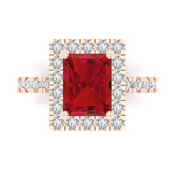 3.84ct emerald cut red ruby 14k pink rose gold engraving statement bridal wedding halo Designer Ring size 8