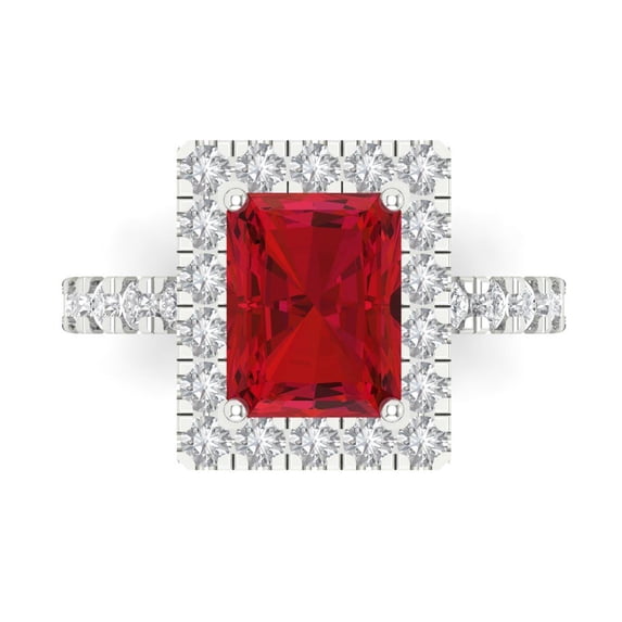 Clara Pucci 14K White Gold Solid Gold Ruby Halo Anniversary Ring for Women - 3.84 cttw Emerald Cut